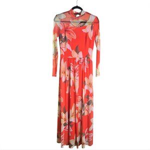 Kate and Lily Floral Mesh Maxi Dress Red Long Sleeve Mock Neck Fairycore Fall‎ 4